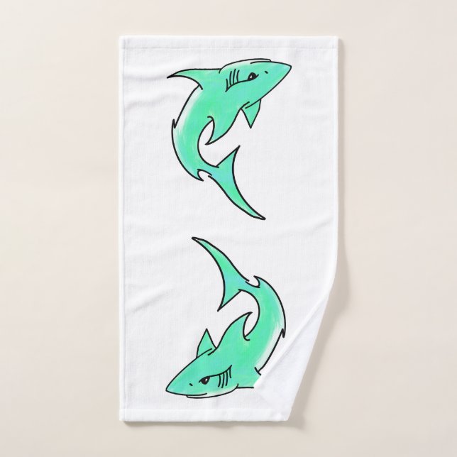 cartoon smiling shark mint blue green ocean animal hand towel (Hand Towel)