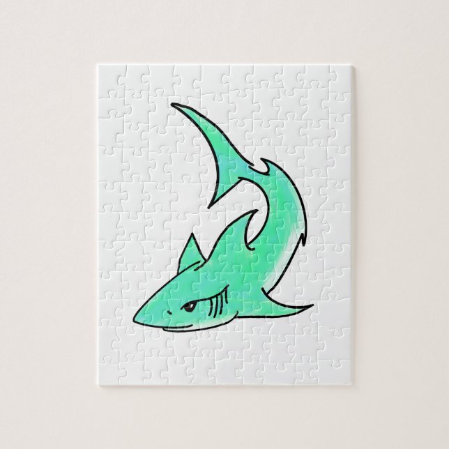 cartoon smiling shark mint blue green ocean animal jigsaw puzzle (Vertical)