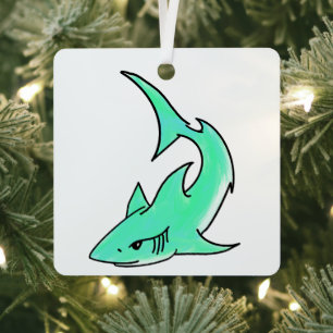 cartoon smiling shark mint blue green ocean animal metal ornament