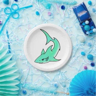 cartoon smiling shark mint blue green ocean animal paper plate