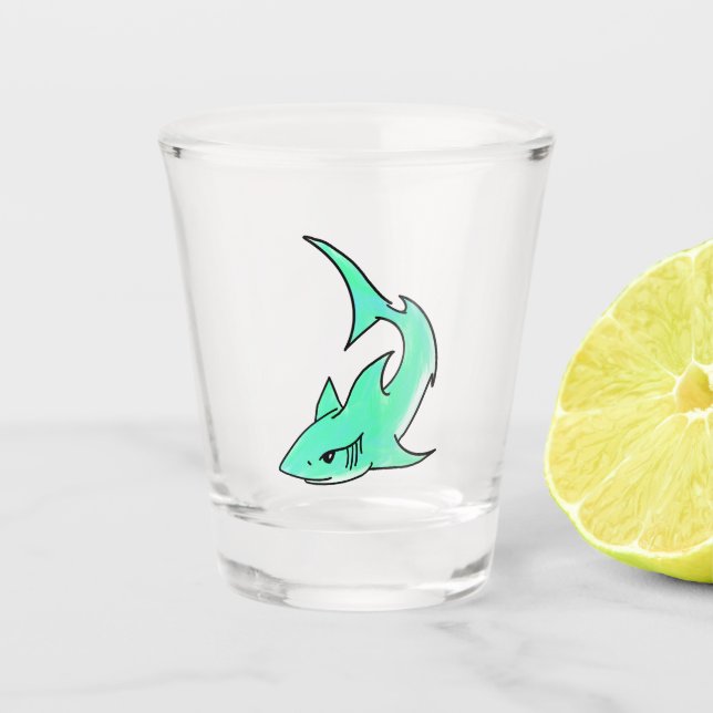 cartoon smiling shark mint blue green ocean animal shot glass (Front)