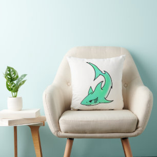 cartoon smiling shark mint blue green ocean animal throw pillow