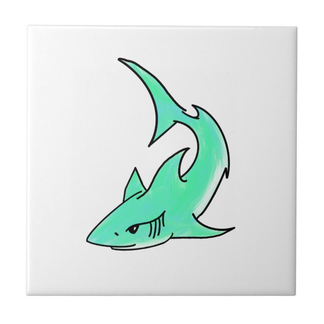 cartoon smiling shark mint blue green ocean animal tile (Front)