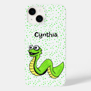 Cartoon Smiling Vibrant Green Snake on Polka Dots Case-Mate iPhone 14 Case