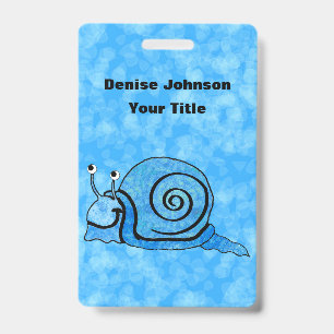 Cartoon Snail Blue Patterned Shell on Mix of Blues Badge