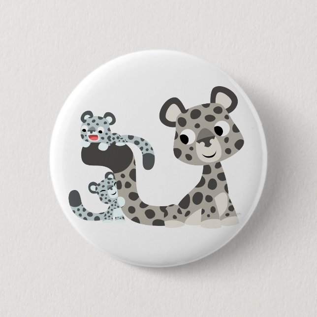 Cartoon Snow Leopard and Cubs Button Badge (Front)