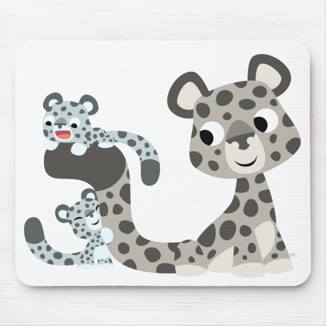 Cartoon Snow Leopard and Cubs Mousepad (Front)