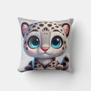 Cartoon Snow Leopard Cub With Big Blue Eyes Throw Pillow