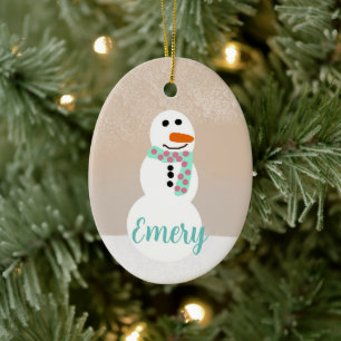 Cartoon Snowman (Customizable Name) Ceramic Ornament