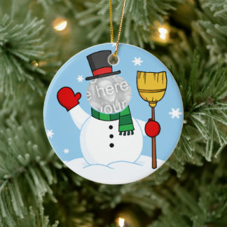 Cartoon Snowman Face Photo Ceramic Ornament