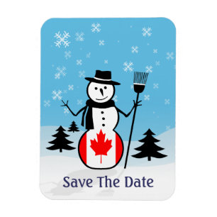 Cartoon Snowman in Field of Snow and Canada Flag Magnet