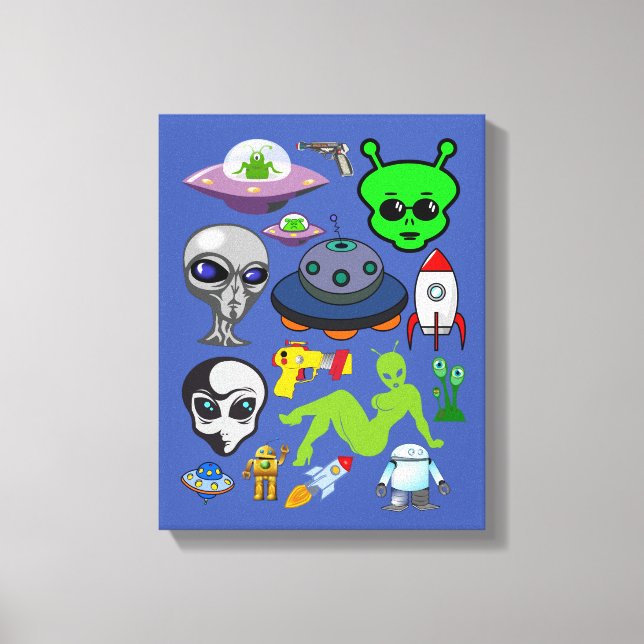 Cartoon Space Aliens Greys UFO Art Collage sheet Canvas Print (Front)