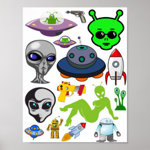 Cartoon Space Aliens Greys UFO Art Collage sheet Poster