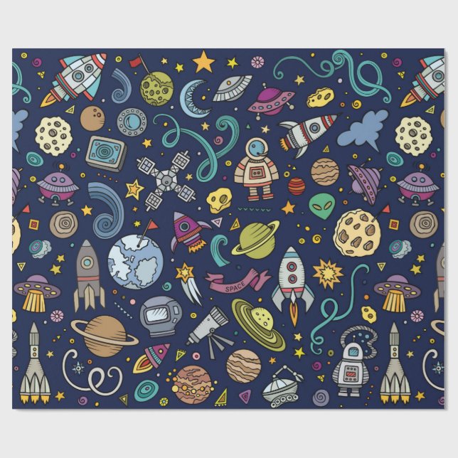 Cartoon Space Explorer Birthday Kids Theme Wrapping Paper (Flat)