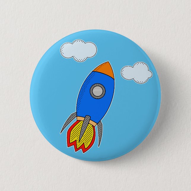 Cartoon Space Rocket In Blue Sky 2 Inch Round Button (Front)