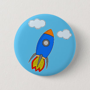 Cartoon Space Rocket In Blue Sky 2 Inch Round Button