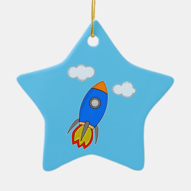 Cartoon Space Rocket In Blue Sky Ceramic Ornament (Front)
