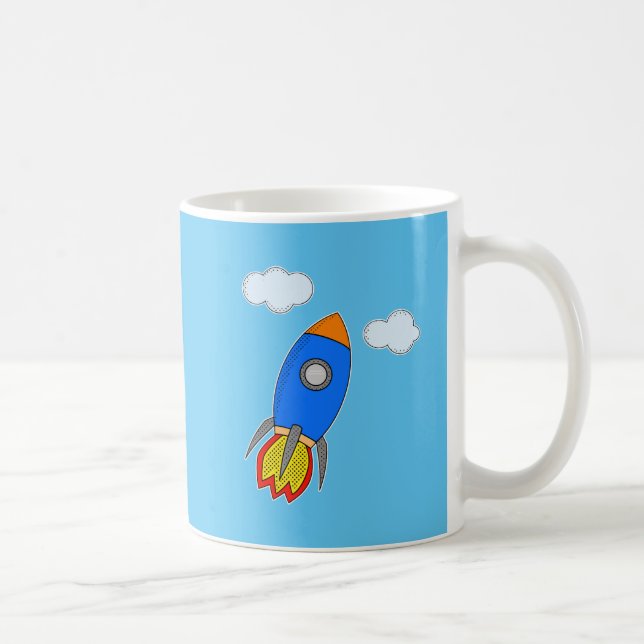 Cartoon Space Rocket In Blue Sky Coffee Mug (Right)