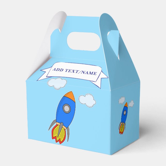 Cartoon Space Rocket In Blue Sky Favor Box (Front Side)