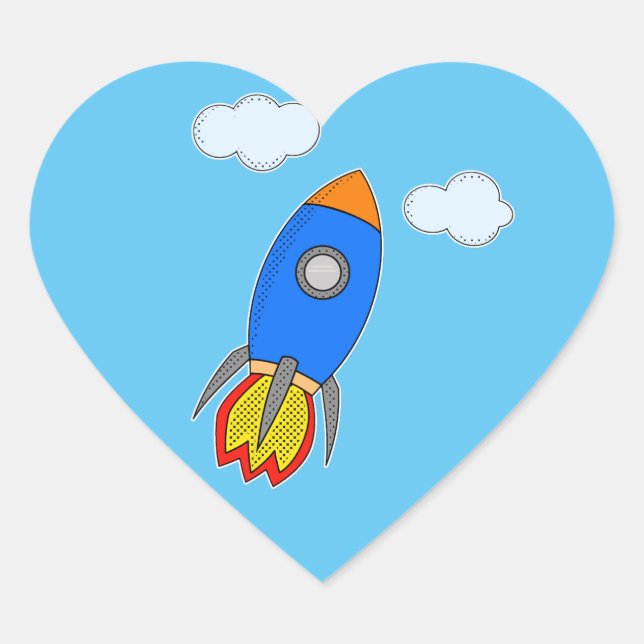 Cartoon Space Rocket In Blue Sky Heart Sticker (Front)