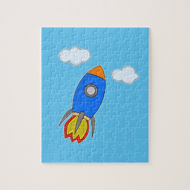 Cartoon Space Rocket In Blue Sky Jigsaw Puzzle (Vertical)