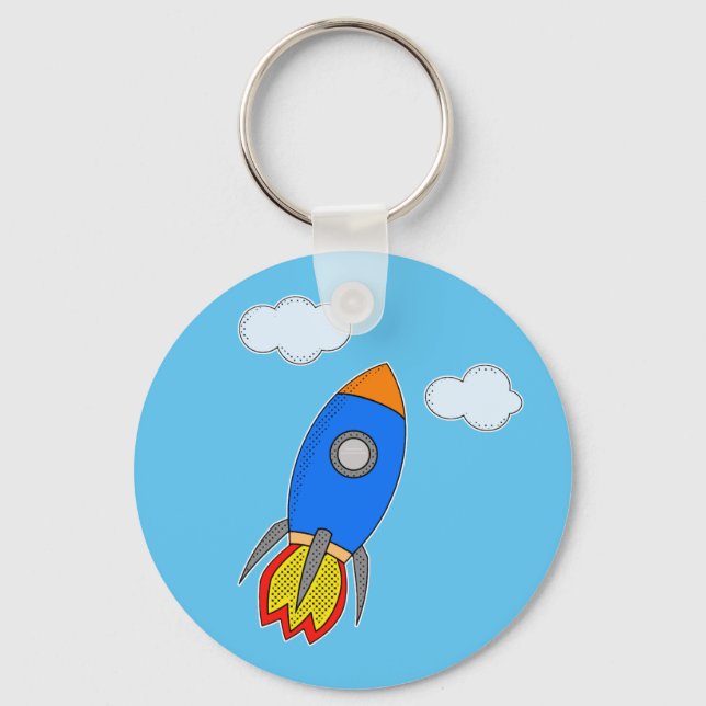 Cartoon Space Rocket In Blue Sky Keychain (Front)