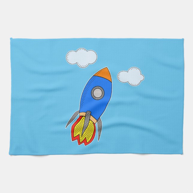 Cartoon Space Rocket In Blue Sky Kitchen Towel (Horizontal)