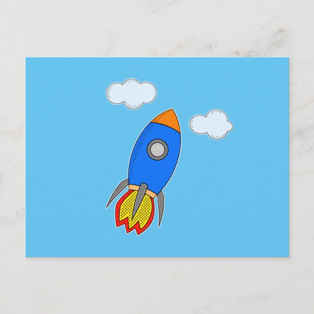 Cartoon Space Rocket In Blue Sky Postcard (Front)