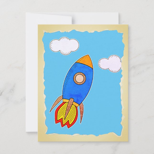 Cartoon Space Rocket In Blue Sky Torn Paper  Invitation (Front)