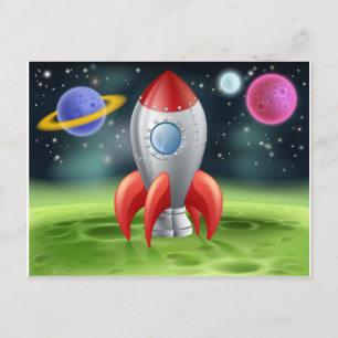 Cartoon Space Rocket on Alien Planet Postcard