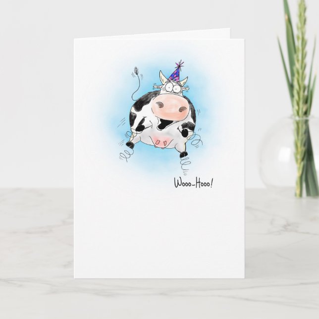 Cartoon Springy Cow Woo-Hoo Birthday Card (Front)