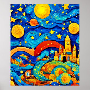 Cartoon Starry Night Art Poster