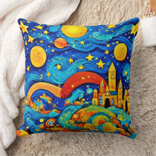 Cartoon Starry Night Art Throw Pillow