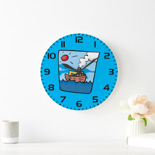 Cartoon Steamship on Ocean Waves Nautical Art Large Clock