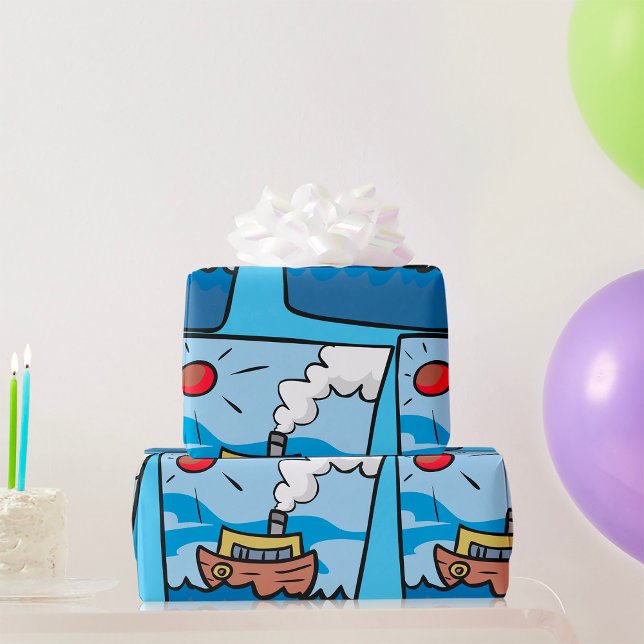 Cartoon Steamship on Ocean Waves Nautical Art  Wrapping Paper (Creator Uploaded)