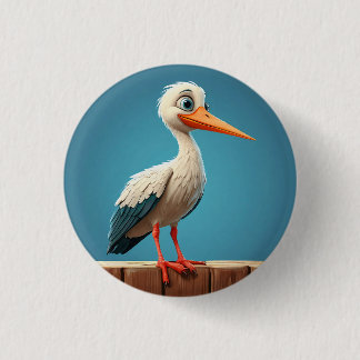 Cartoon Stork with Bright Eyes on Wooden Fence 1 Inch Round Button