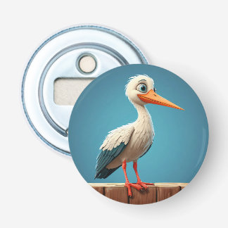 Cartoon Stork with Bright Eyes on Wooden Fence Bottle Opener