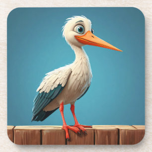 Cartoon Stork with Bright Eyes on Wooden Fence Coaster