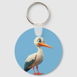 Cartoon Stork with Bright Eyes on Wooden Fence Keychain