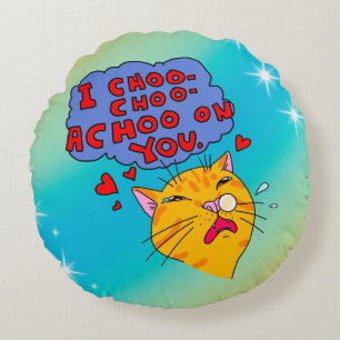Cartoon Style Cat With Sneezing Loving Text  Round Pillow