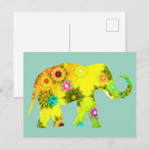 Cartoon-style Elephant Vibrant Flowers Playful Postcard