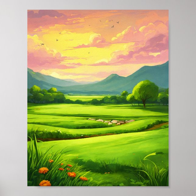 Cartoon-Style Grass Field Landscape Painting Poster (Front)