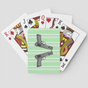 Cartoon style illustration of two handguns playing cards