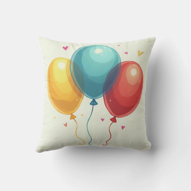 Cartoon-style yellow, blue, and red balloons throw pillow (Back)