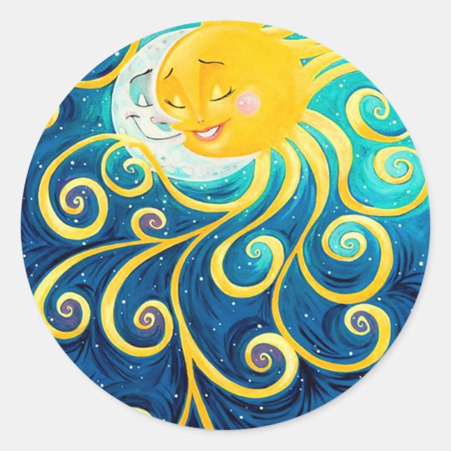 cartoon sun and moon love peace classic round sticker (Front)