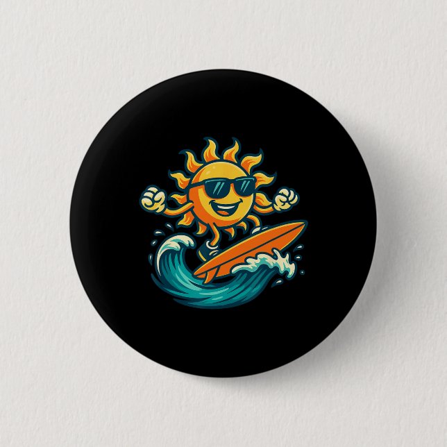 Cartoon Sun Surfing Summer Beach Wave Art  2 Inch Round Button (Front)