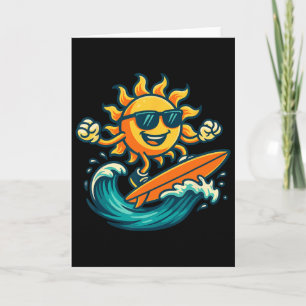 Cartoon Sun Surfing Summer Beach Wave Art  Card