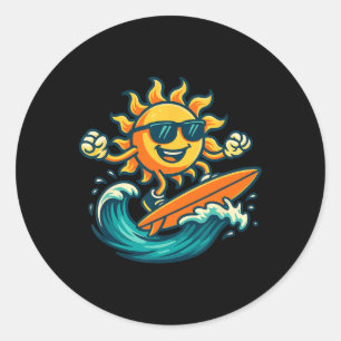 Cartoon Sun Surfing Summer Beach Wave Art Classic Round Sticker