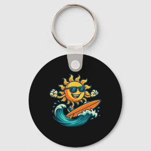 Cartoon Sun Surfing Summer Beach Wave Art  Keychain