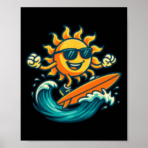Cartoon Sun Surfing Summer Beach Wave Art  Poster